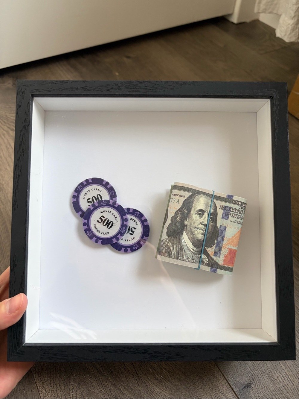 Black Shadowed Display Frame with White Mat and Purple Poker Chips